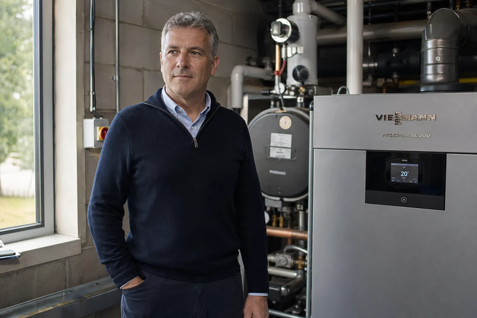 CHEP heating efficiency engineer in a UK commercial plant room beside a Viessmann Vitocrossal 200 boiler.