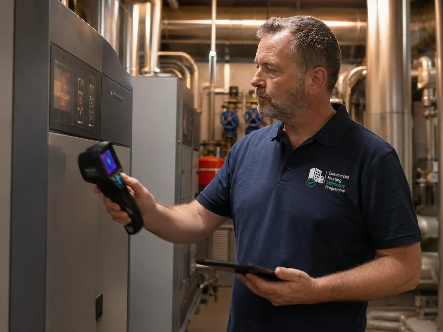 CHEP heating efficiency engineer using a thermal imaging camera to survey a commercial boiler plant room.