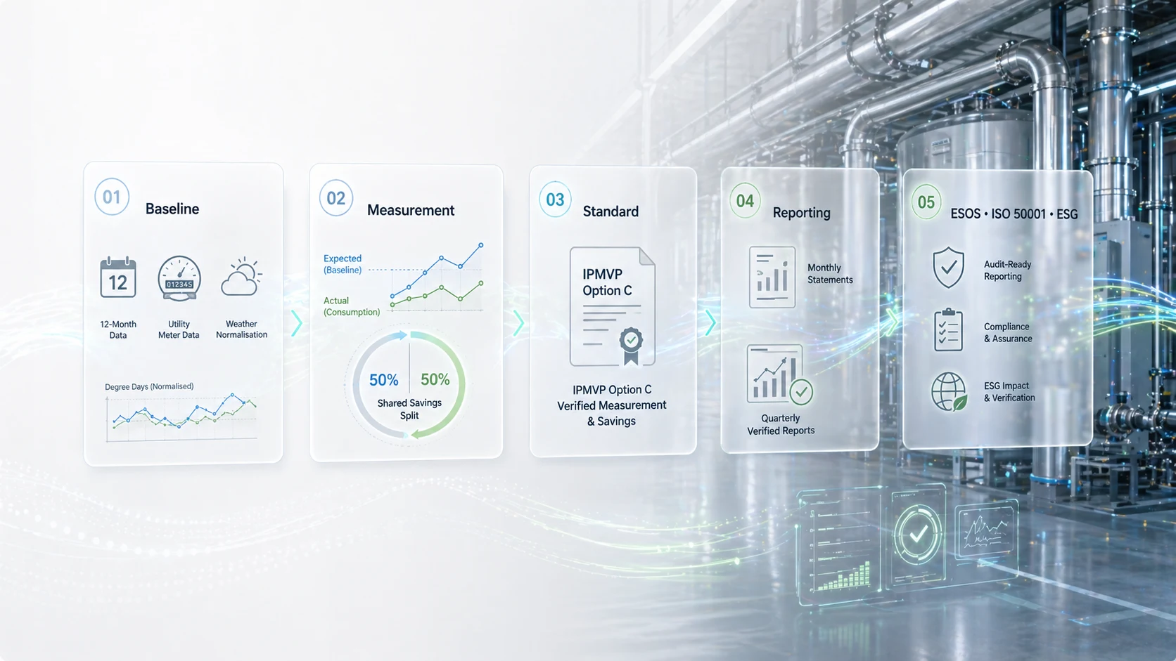 Five-step CHEP methodology: 12-month baseline, degree-day adjusted measurement, IPMVP Option C verification, monthly and quarterly reporting, and ESOS, ISO 50001, ESG audit-ready outputs.